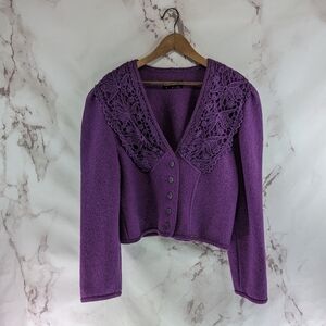 Geiger Jacket Women Medium 38 Purple Boiled Wool Button Puff Sleeve Crochet Vtg